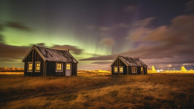 Aurora borealis nad starymi drewnianymi domami w Islandii Długi czas ekspozycji Generative AI