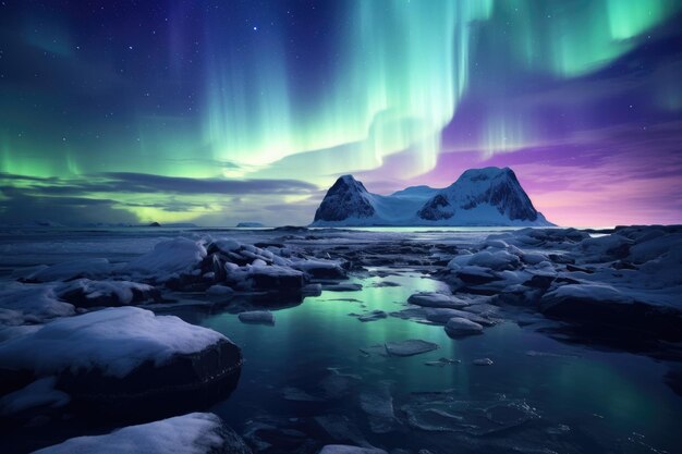 Aurora borealis, północne światło nad śnieżnymi górami, lodowata i mroźna tekstura płatka śniegu.