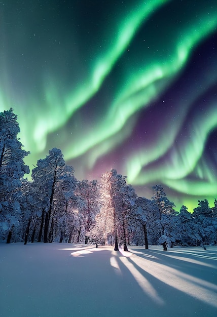 Aurora Borealis Zorza polarna i piękna gwiazda na tle nocnego nieba Realistyczna ilustracja 2D