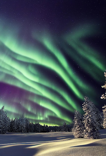 Aurora Borealis Zorza polarna i piękna gwiazda na tle nocnego nieba Realistyczna ilustracja 2D