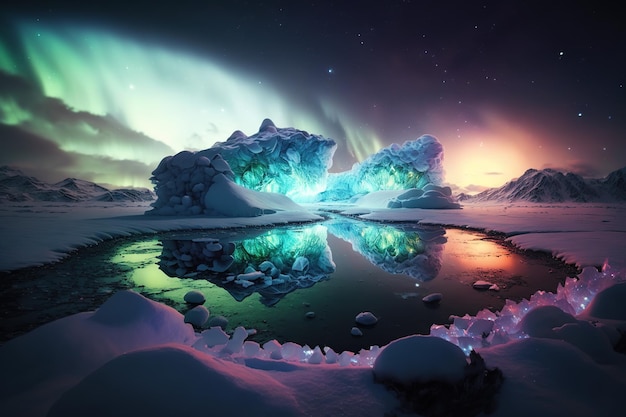 Aurora borealis, zorza polarna na wyspach. Generatywna sztuka Ai. Śnieżne i lodowe góry w nocy.