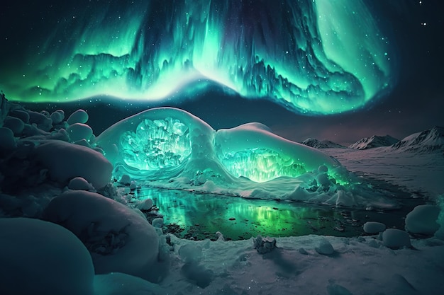 Aurora borealis, zorza polarna na wyspach. Generatywna sztuka Ai. Śnieżne i lodowe góry w nocy.