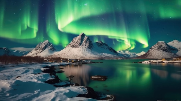 Aurora borealis zorza polarna nad fiordem zimą Generacyjna sztuczna inteligencja