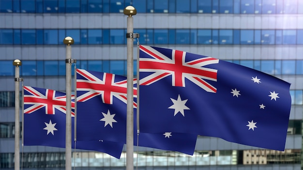 Australijska flaga powiewająca na nowoczesnym mieście drapaczy chmur