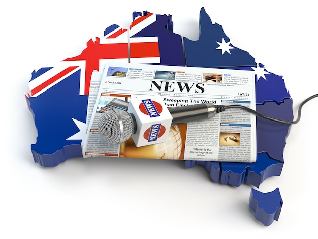 Australijska prasa i koncepcja dziennikarstwa Mikrofon i gazeta na mapie w kolorach flagi Australii