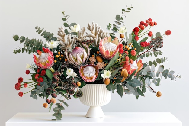 Australijska układka kwiatów w białym wazonie na stole