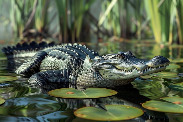 Australijski krokodyl słodkowodny opalający się przy liliach w jeziorze
