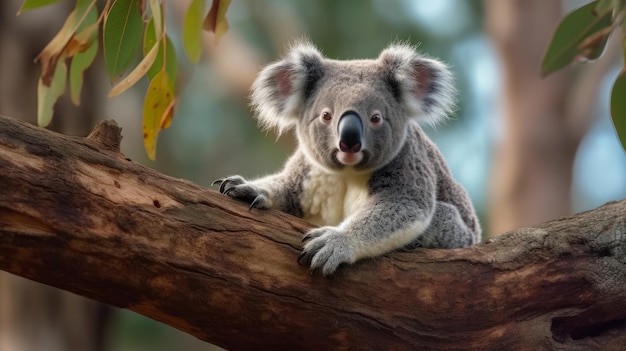 Australijski miś koala siedzi na generatywnym obrazie pnia drzewa