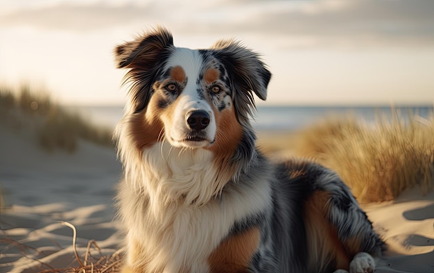 Australijski pasterz siedzi na plaży w parku profesjonalny post reklamowy ai wygenerowany