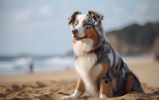 Australijski pasterz siedzi na plaży w parku profesjonalny post reklamowy ai wygenerowany