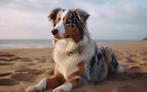 Australijski pasterz siedzi na plaży w parku profesjonalny post reklamowy ai wygenerowany