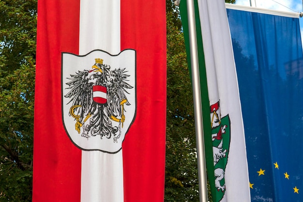 Austriacka flaga z herbem rozwija się na wietrze