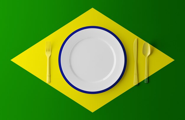 Autentyczna Kuchnia Brazylii. Talerz Z Brazylijską Flagą I Sztućcami. 3d Ilustracji.
