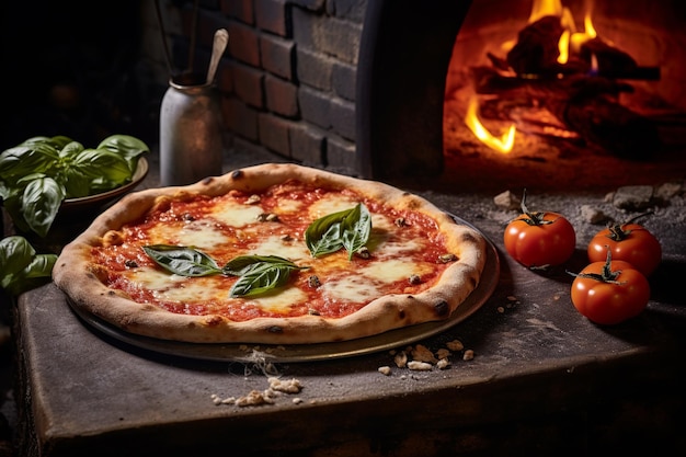 Autentyczna pizza Margherita na kamiennym stole z toskańskimi winoroślami w oddali