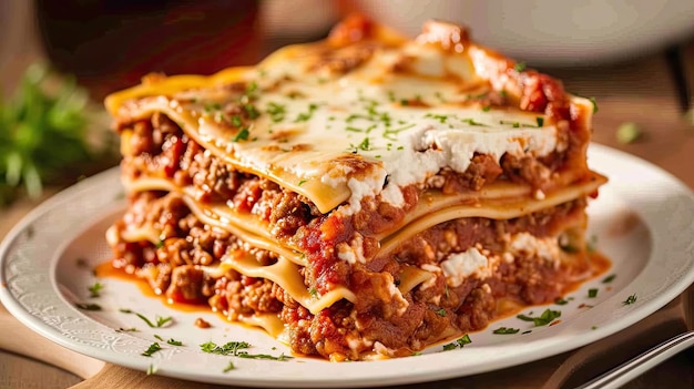 Zdjęcie autentyczna włoska lasagna z sosem mięsnym ricotta sosem bechamel danie restauracyjne i serwowanie z bliska specjalność domu koncepcja kulinarnej doskonałości i wyrafinowania generowana przez ai