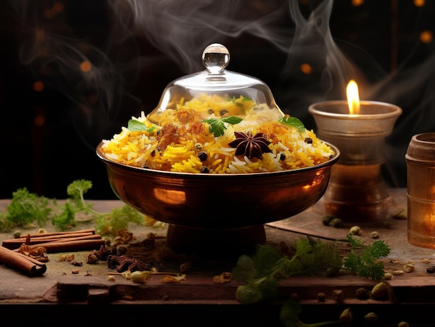 Zdjęcie autentyczne błyszczące przyprawy biryani bliss i delikatne mięsa w tradycyjnym handi