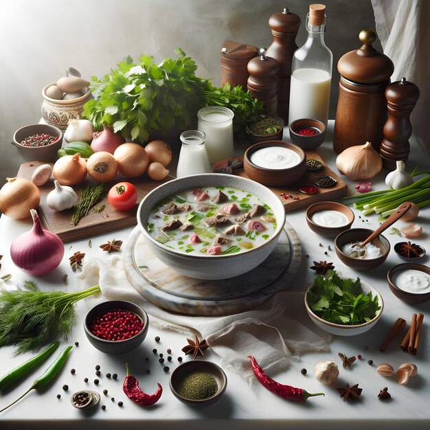 Autentyczne danie Yakhni z ziołami i przyprawami na marmurowym liczniku