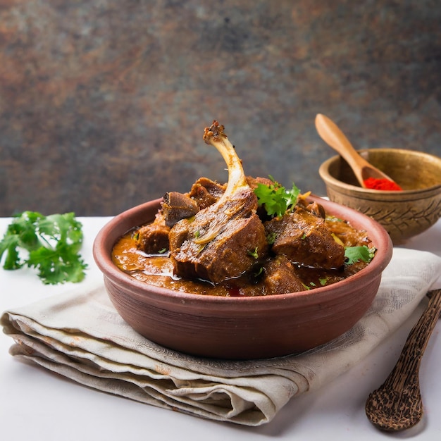 Zdjęcie autentyczne indyjskie curry rogan josh z bogatymi przyprawami i delikatnym mięsem