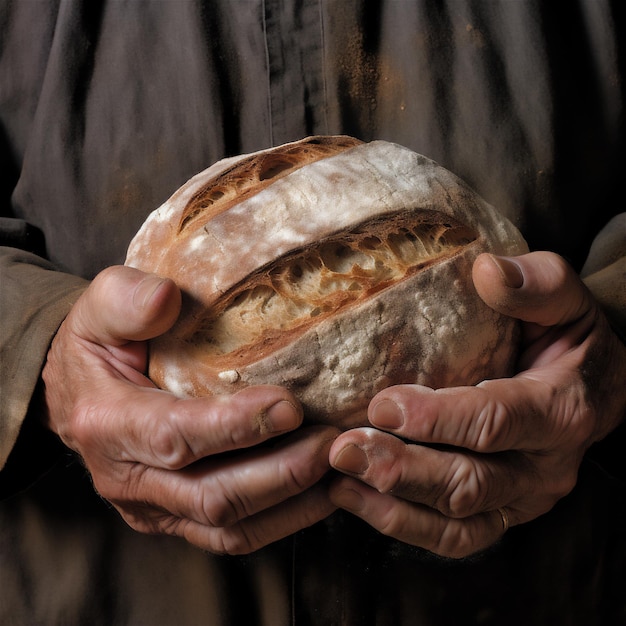 Autentyczne ręce Baker039 trzymające piękny bochenek chleba w zbliżeniu AI wygenerowane