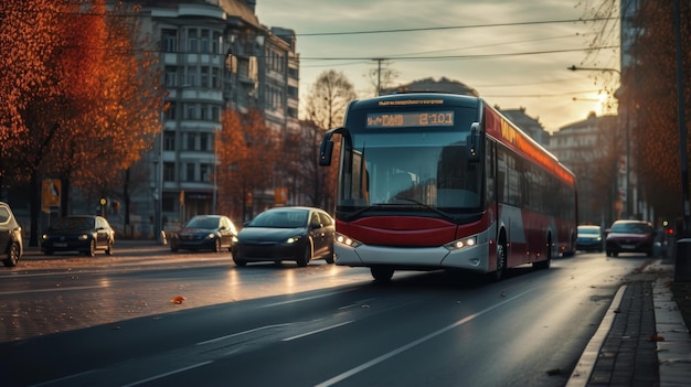 Autobus miejski porusza się po porannym ruchu ulicznym i sygnałach