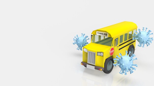 Autobus szkolny i wirus na białym tle dla edukacji lub koncepcji medycznej renderowania 3d
