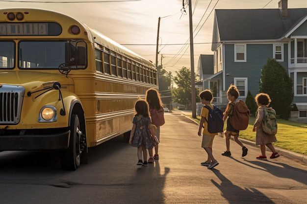 Autobus szkolny z dziećmi idącymi ulicą