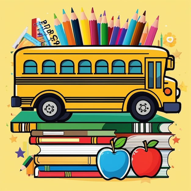 Autobus szkolny ze stosem książek i jabłkiem na wierzchołku.