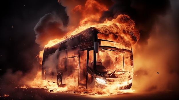 Autobus turystyczny pochłonięty płomieniami, dymu generowanego przez sztuczną inteligencję.