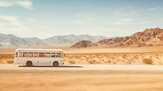 Autobus wycieczkowy podróżuje przez pustynny krajobraz do miejsca turystycznego