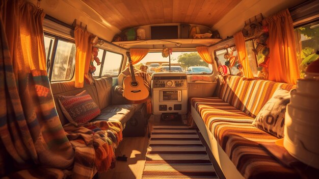 Autobus z gitarą w środku i kanapą pośrodku.