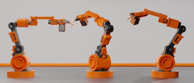 Automatyczna maszyna ramienia robota Ai dla fabryki przemysłowej z futurystycznym renderowaniem ilustracji 3d w tle