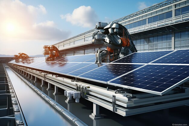 Zdjęcie automatyzowane wytwarzanie energii słonecznej ramię robota przemysłowego na linii produkcyjnej panel słoneczny