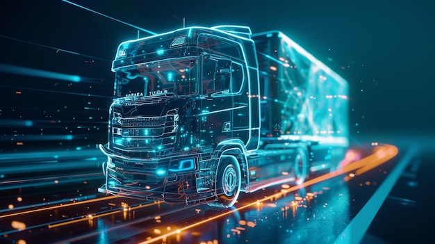 Autonomiczna inteligentna ciężarówka jest bezzałogowym pojazdem kontrolowanym przez sztuczną inteligencję Autonomiczna Inteligentna Ciężarówki jest kontrolowana przez hologram samochodów w HUDUIGUI Diagnostic Hardware samochodu jest