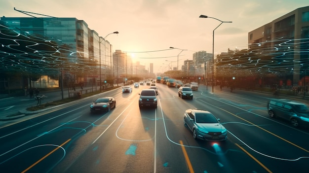 Autonomiczna jazda strumieniem danych 5G biegnąca po ulicy w ilustratorze Generative AI
