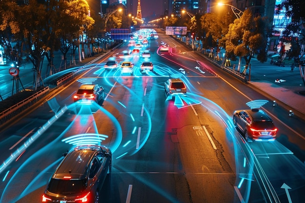 Zdjęcie autonomiczne samochody poruszają się po ruchliwych ulicach miasta