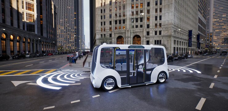 Zdjęcie autonomiczny autobus elektryczny samojezdny na ulicy koncepcja technologii inteligentnego pojazdu 3d render