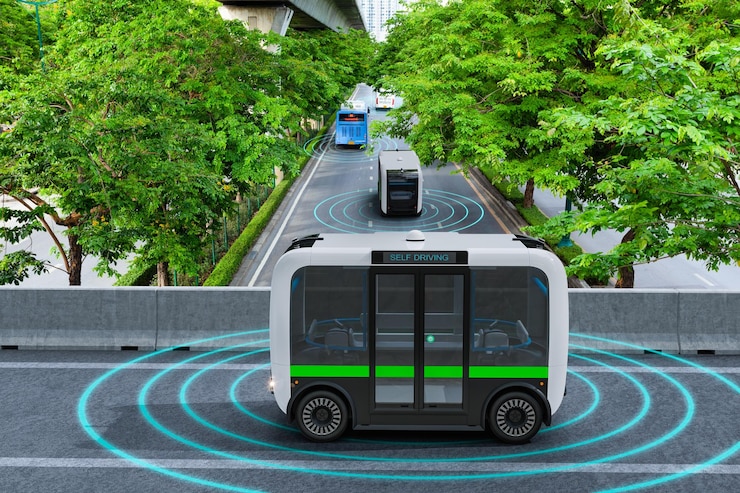 Zdjęcie autonomiczny elektryczny autobus wahadłowy samodzielnie jeżdżący po zielonej drodze koncepcja inteligentnego pojazdu