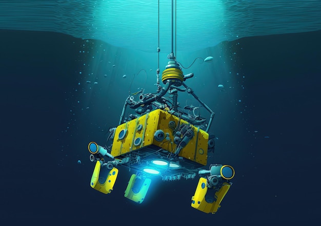 Autonomiczny podwodny łazik lub dron z manipulatorami lub robotem maszynowym z ramionami robota na dnie morza ilustracja 3d
