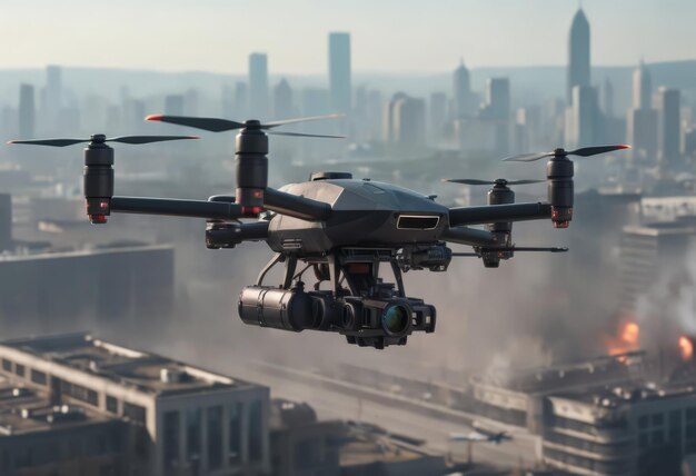 Autonomiczny pojazd lotniczy bez kierowcy latający na tle miasta Przyszły transport z koncepcją technologii 5G