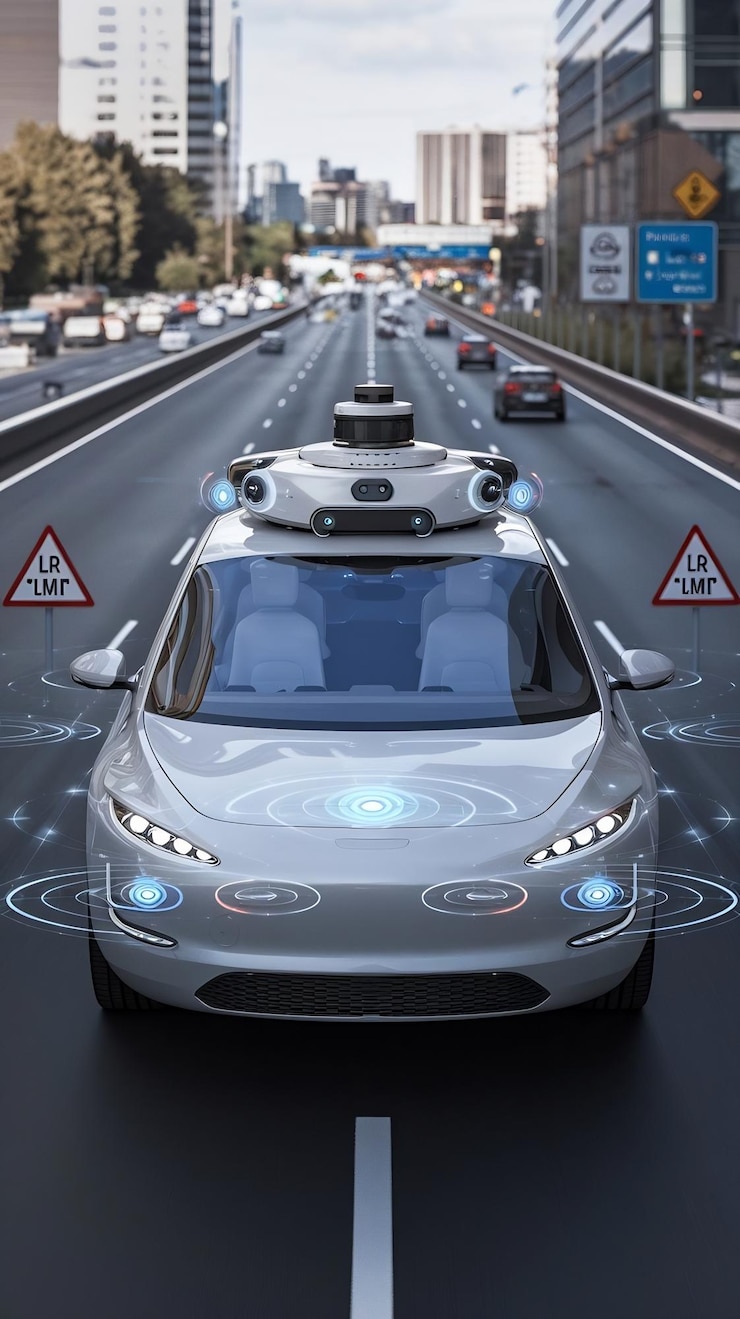 Zdjęcie autonomiczny samochód 3d poruszający się po miejskiej autostradzie