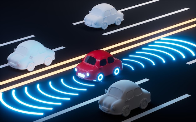 Autonomiczny samojezdny samochód Przemieszczanie się po autostradzie Autopilot i systemy wykrywania Renderowanie 3d