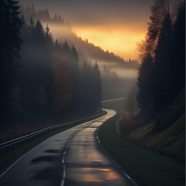 Autostrada w lesie Koncepcyjny obraz podróży i przygody