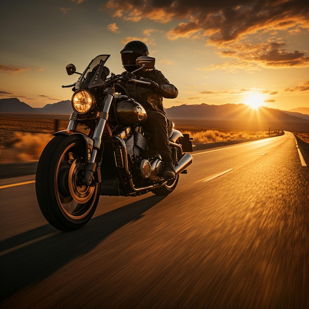 Autostrada wschód słońca rejs szybki motocyklista przedstawia otwartą kopię przestrzeni symbolizującej ekspedycję świtu F