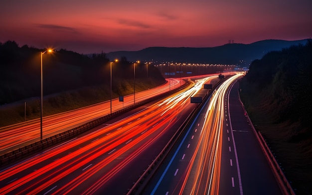 Autostrada z czerwonym niebem w nocy