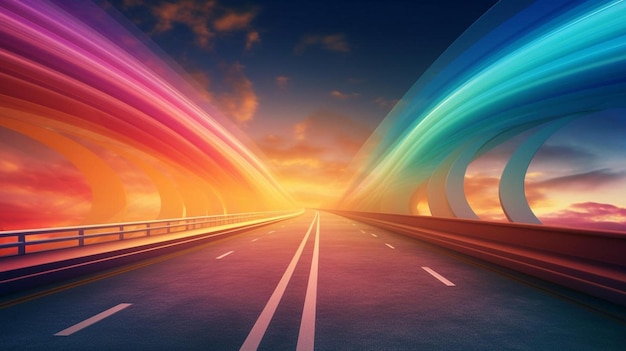 autostrada z kolorowym wizerunkiem mostu i napisem „światło”.