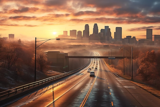 Autostrada z miastem w tle i napisem Minneapolis