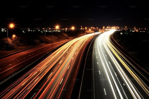 Autostrada z włączonymi światłami i niewyraźnym obrazem autostrady z samochodami i latarniami ulicznymi.