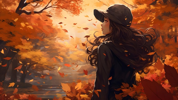 Autumn background design Fall wallpaper golden brown anime manga style