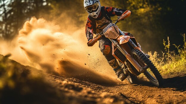 Zdjęcie autumn blaze motocross rider na leśnym szlaku