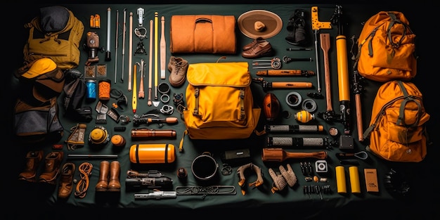 Autumn hiking equipment knolling fall equipment Stworzony za pomocą generatywnej technologii sztucznej inteligencji